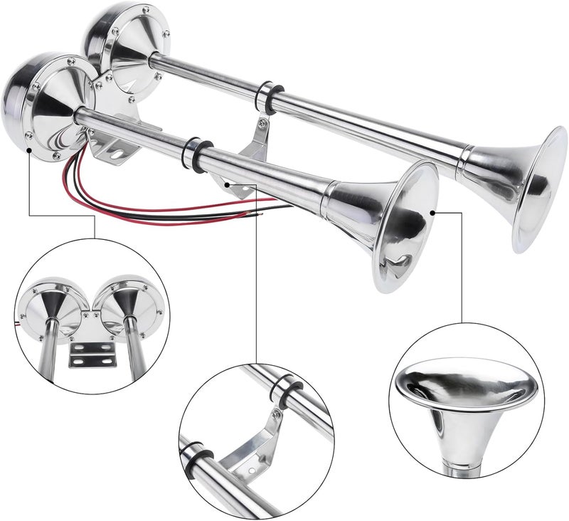 NovelBee 12v Stainless Steel Dual Trumpet Horn,125db Marine Boat Electric Horn for Ship Truck RV Trailer (Low and High Tone) - Image 3